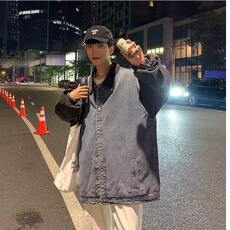 拼接牛仔外套男春秋款韩版日系炸街夹克复古休闲宽松ins潮牌上衣，男装工装外套，星座516A