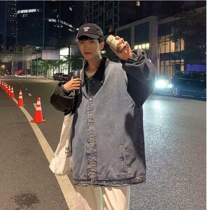 拼接牛仔外套男春秋款韩版日系炸街夹克复古休闲宽松ins潮牌上衣图片