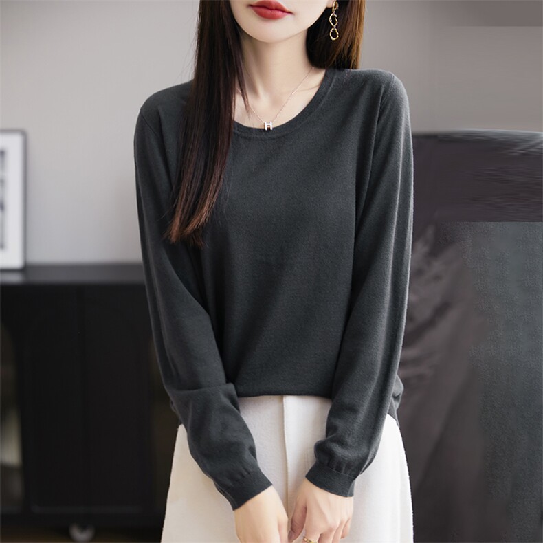 圆领长袖羊毛衫女薄款套头毛衣内搭打底针织衫上衣,女装羊毛衫,朝思羊绒