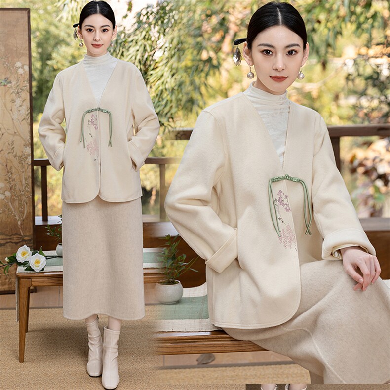 新中式国风禅意女装茶艺师服装改良汉服唐装上衣旗袍外搭开衫,女装毛呢外套,芷墨服饰