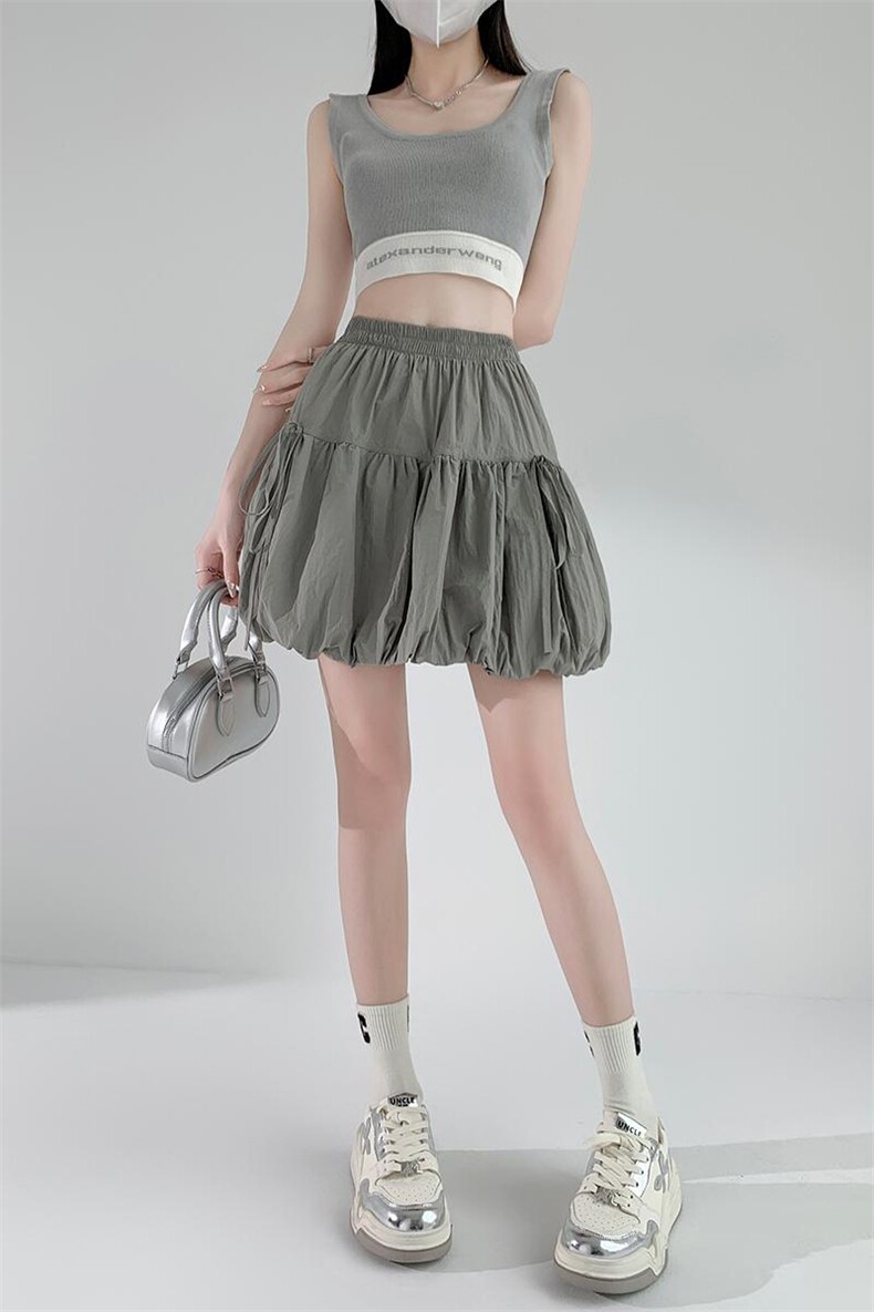 松紧腰系带宽松显瘦短裙女2024夏季新款百搭设计感花苞短裙子,女装半身裙,梦白服饰厂