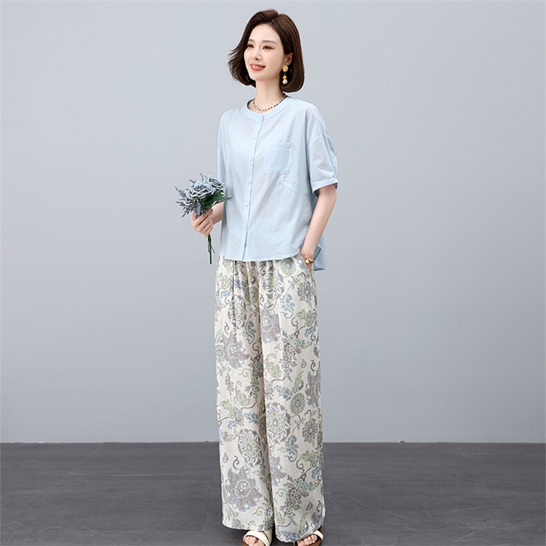 叶笙衣套装2537-151宽松纯色棉上衣复古印花裤套装,女装套装/套裙,叶笙衣