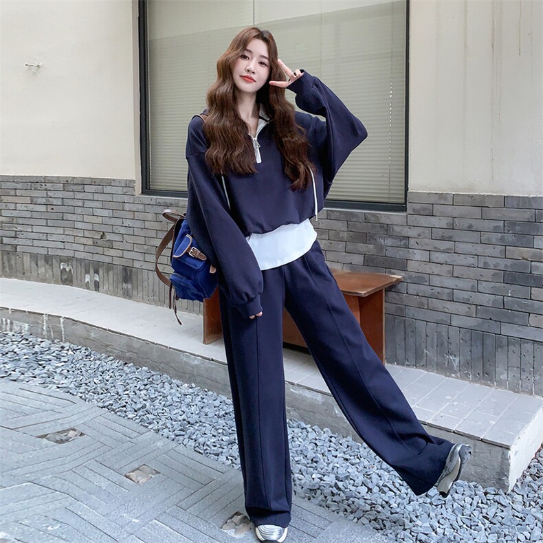藏蓝色休闲运动套装女秋季2025新款时尚洋气减龄卫衣卫裤两件套潮,女装套装/套裙,2D076