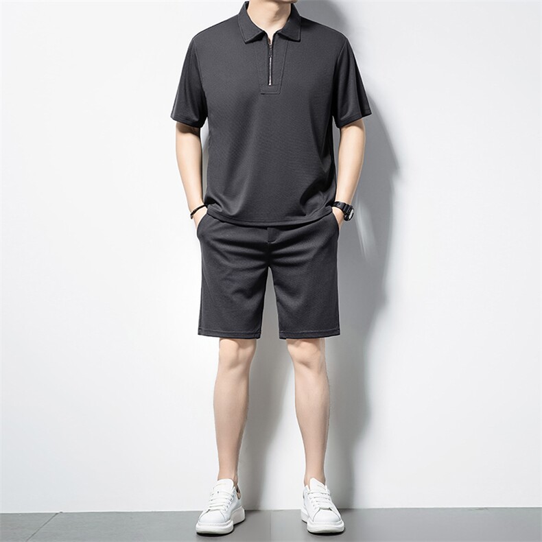 2024短袖T恤男夏季纯色宽松俩件套装翻领简约Polo衫短裤,男装Polo衫,电商B212（原钱塘6029）