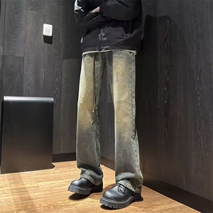 高街vibe做旧黄泥染水洗牛仔裤男女直筒微喇cleanfit裤子-Q7029图片