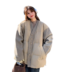 现货：冬装新款时尚设计款毛呢拼色羽绒服2C135-5011P275K418，女装羽绒服，2C135