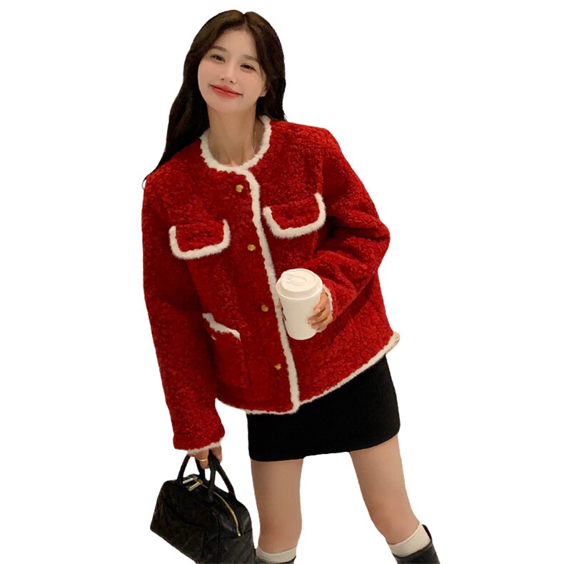红色短款小香风羽绒服外套女2023冬季新款小个子皮毛一体毛绒上衣,女装短外套,2C085