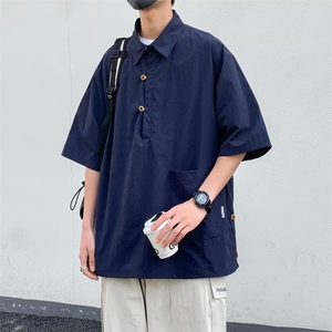 青春流行ins原宿时尚潮日系标准夏季衬衫潮流纯色慵懒五分袖男图片