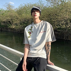 抖音得物高品质二开240克宽松纯棉美式潮牌三条杠织带短袖T恤，男装T恤，电商A486-1