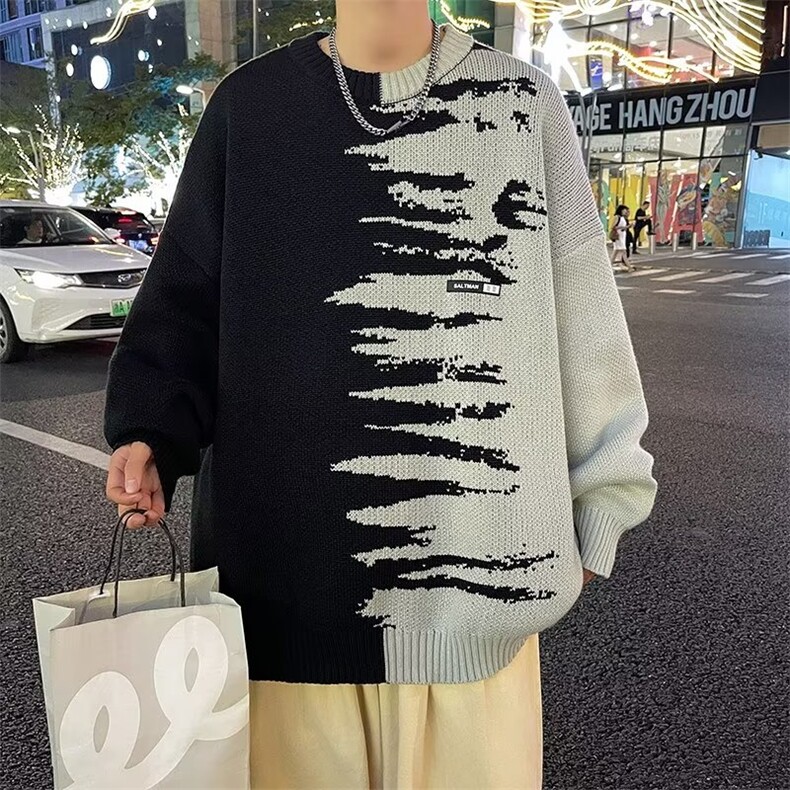 毛衣男秋冬拼接撞色针织衫日系复古宽松慵懒休闲外套MY7022-P45,男装针织衫/毛衣,星座308B-1