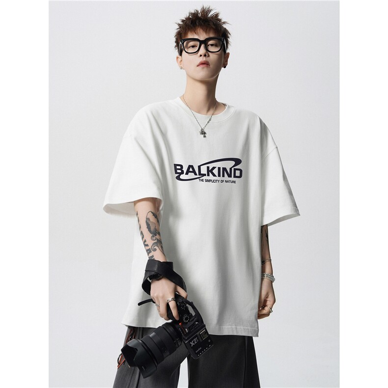 230克纯棉落肩宽松短袖白墨印花T恤B219A-T2528-P25限38，男装T恤，电商B219A