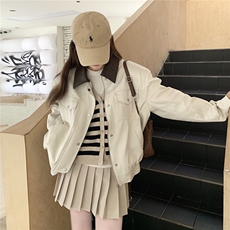 撞色拼接翻领米白色皮衣短外套女春秋2025新款甜美百搭PU皮夹克，女装短外套，浙宝208
