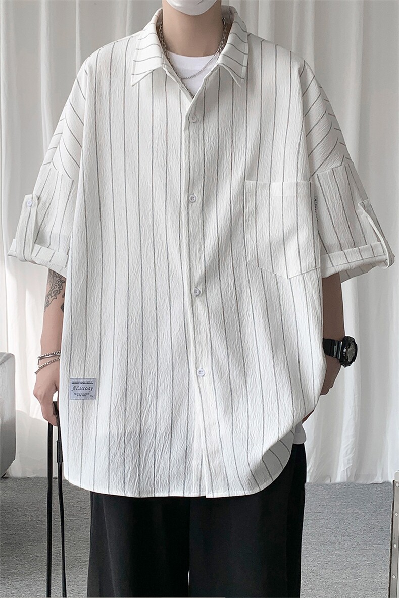 A177-CS07-P40夏季清凉新款条纹衬衫五分袖96%涤纶.4%氨纶,男装T恤,电商A177