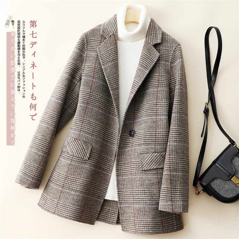 长袖格子直筒型西装领2024年秋季时尚西装外套，女装西装，蓝雨羊绒