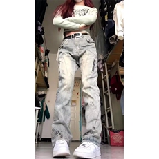 现货欧美式vibe风水洗不规则拉链黄泥牛仔裤女宽松显瘦直筒裤，男装牛仔裤，星座218-1（原230）