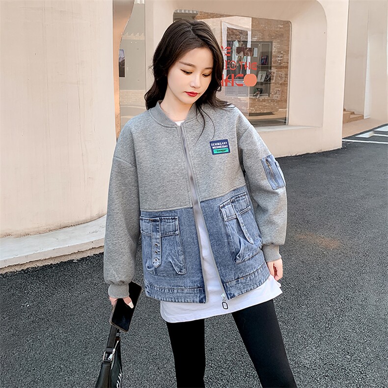 欧货牛仔拼接棒球服外套女2024春季新款韩版休闲卫衣夹克开衫上衣,女装短外套,悦祺