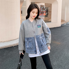 欧货牛仔拼接棒球服外套女2024春季新款韩版休闲卫衣夹克开衫上衣，女装短外套，悦祺