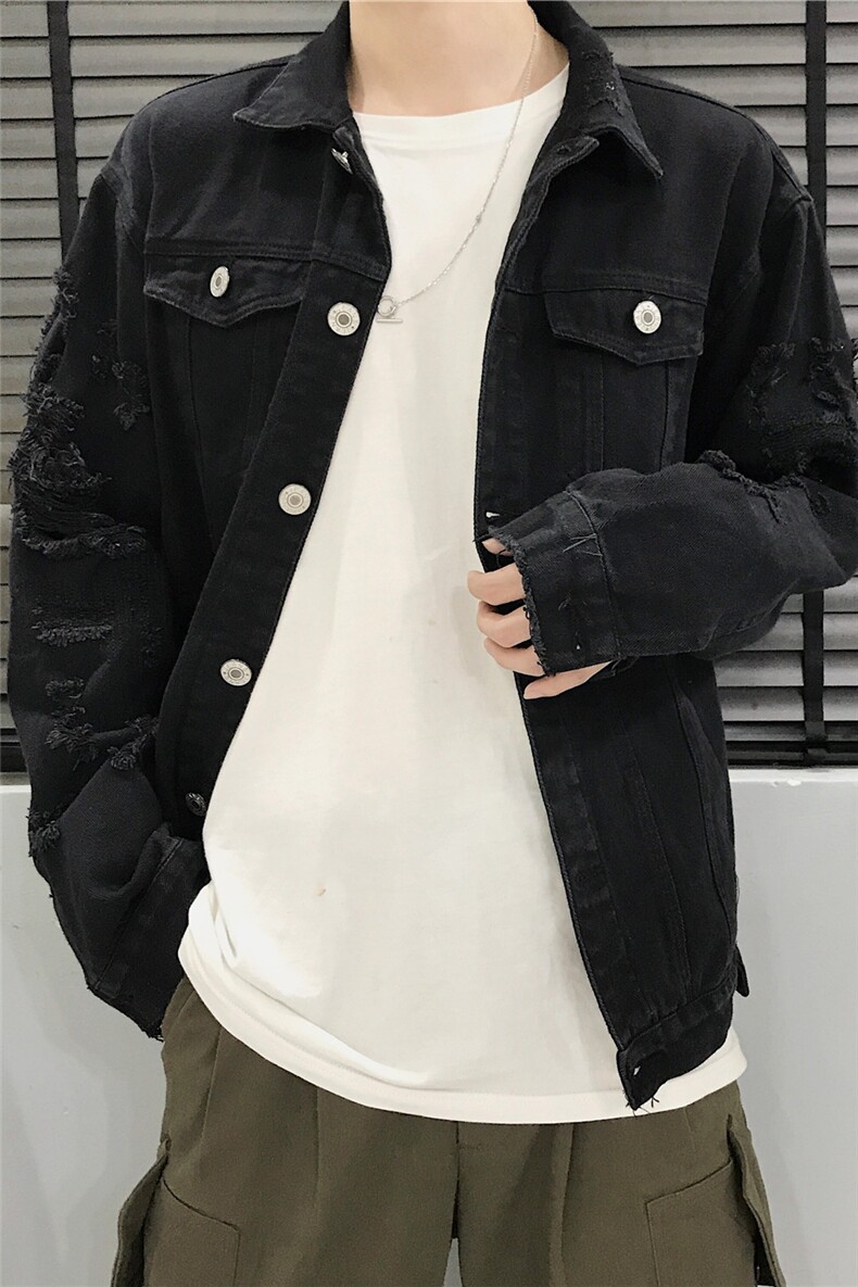 JK950/P65秋装货足港风夹克男士破洞刺绣夹克情侣大码外套男，男装夹克，电商A141