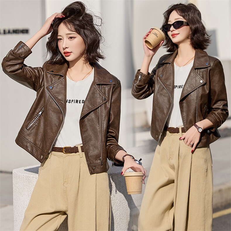 短款小皮衣外套女士2025春秋新款气质休闲百搭西装领机车夹克上衣，女装皮衣，臻衣坊