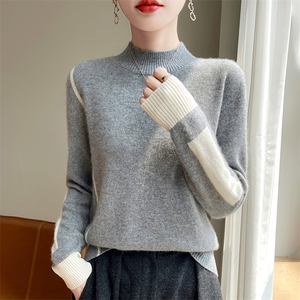 时尚百搭女士羊毛拼色高领今年流行漂亮内搭打底衫冬女毛衣针织衫图片