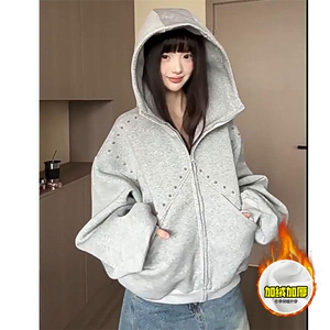 480G重磅加绒硬挺boxy 男女秋冬美式高街卫衣铆钉拼接开衫厚外套图片