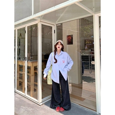 D725-P45复古蓝条纹长袖衬衫春夏新款设计感刺绣慵懒休闲外套，男装衬衫，星座911