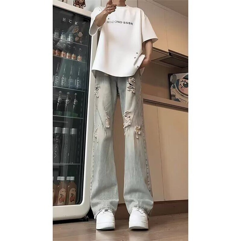男士破洞薄款牛仔裤男款2025新款美式宽松直筒微喇裤子NK6619,男装牛仔裤,星座1116A（原606A-3）