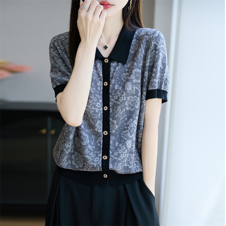 撞色提花天丝POLO领针织短袖开衫T恤女2025夏显瘦宽松大码t恤上衣,女装T恤,唐诺