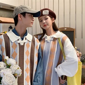 春秋季新款情侣无袖针织衫毛衣宽松菱格马甲背心男 M531-P36图片