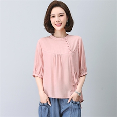 天丝T恤女2023新款夏季时尚中年妈妈小个子遮肉显瘦宽松棉麻上衣，女装T恤，忆绮罗