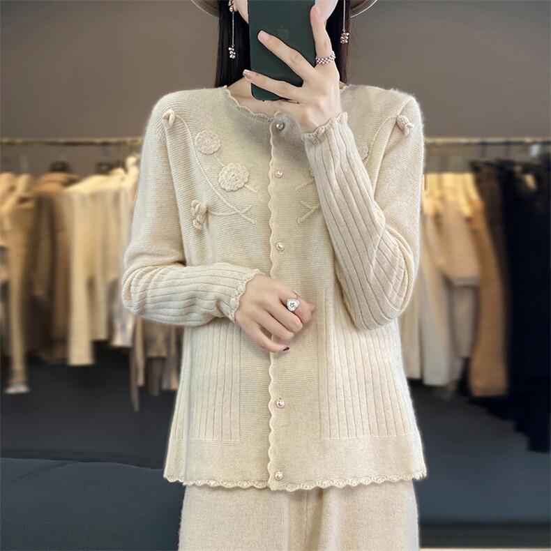 开衫女秋冬新款圆领绣花针织毛衣长袖宽松显瘦羊毛外套,女装羊毛衫,江南羊绒