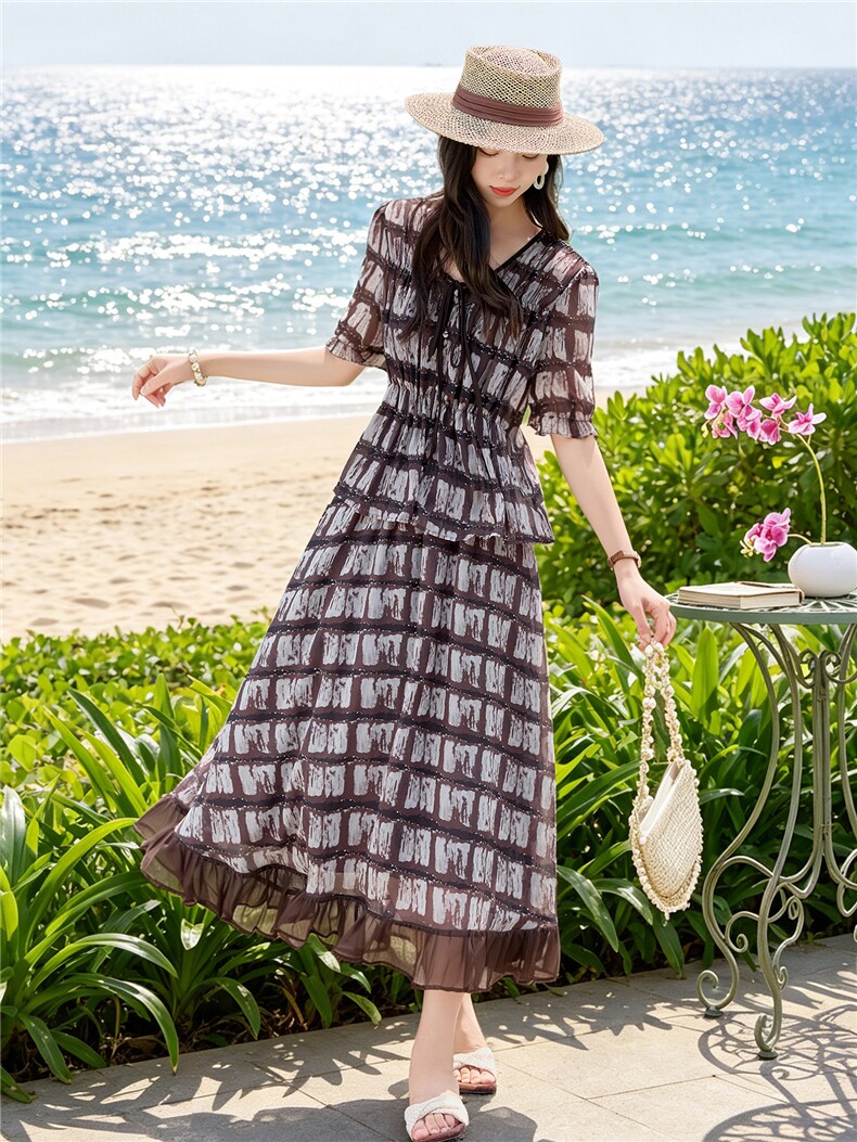 时尚休闲格纹显瘦系带上衣木耳边半裙超仙两件套女,女装套装/套裙,水衣源