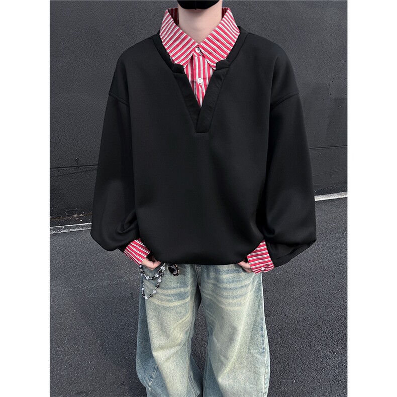 黑墙假两件拼接翻领大码卫衣男秋季潮牌宽松情侣A436-2231-P50,男装卫衣,电商A436