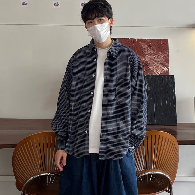 秋冬美式复古撞色小格子衬衫休闲宽松百搭情侣翻领衬衣长袖,男装衬衫,星座506A