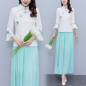 芷墨新款时尚复古俩件套套装中式盘扣上衣裤子套装改良日常汉服女图片
