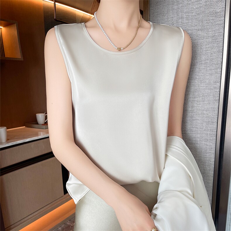 真丝吊带小背心女外穿宽松西装内搭打底无袖圆领宽带上衣醋酸缎面,女装背心吊带,九戎