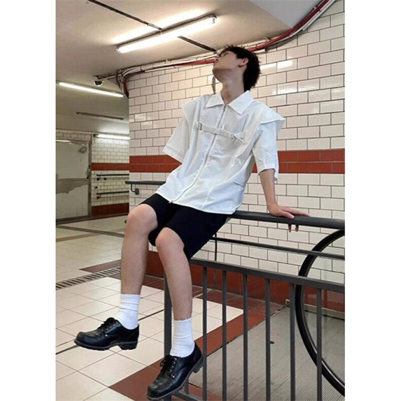 假两件双拉链垫肩短袖衬衫男夏季设计感半袖衬衣外套C3374,男装T恤,星座1116A（原606A-3）