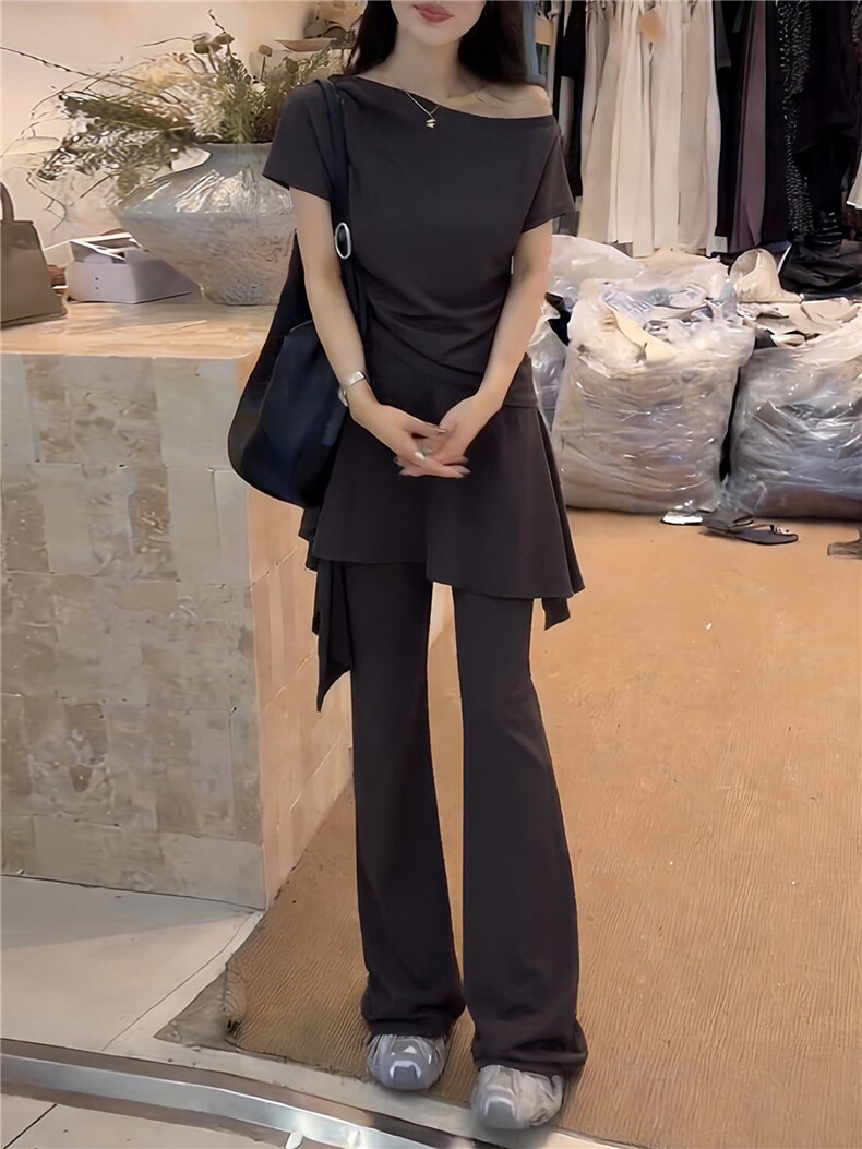 女夏季新款时尚洋气套装纯色斜肩收腰短袖上衣蕾丝屁帘长裤两件套,女装套装/套裙,江南