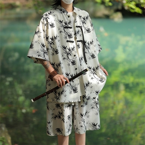 2025夏季新中式冰丝垂感花衬衣宽松休闲五分套装男TZ655-P58控78