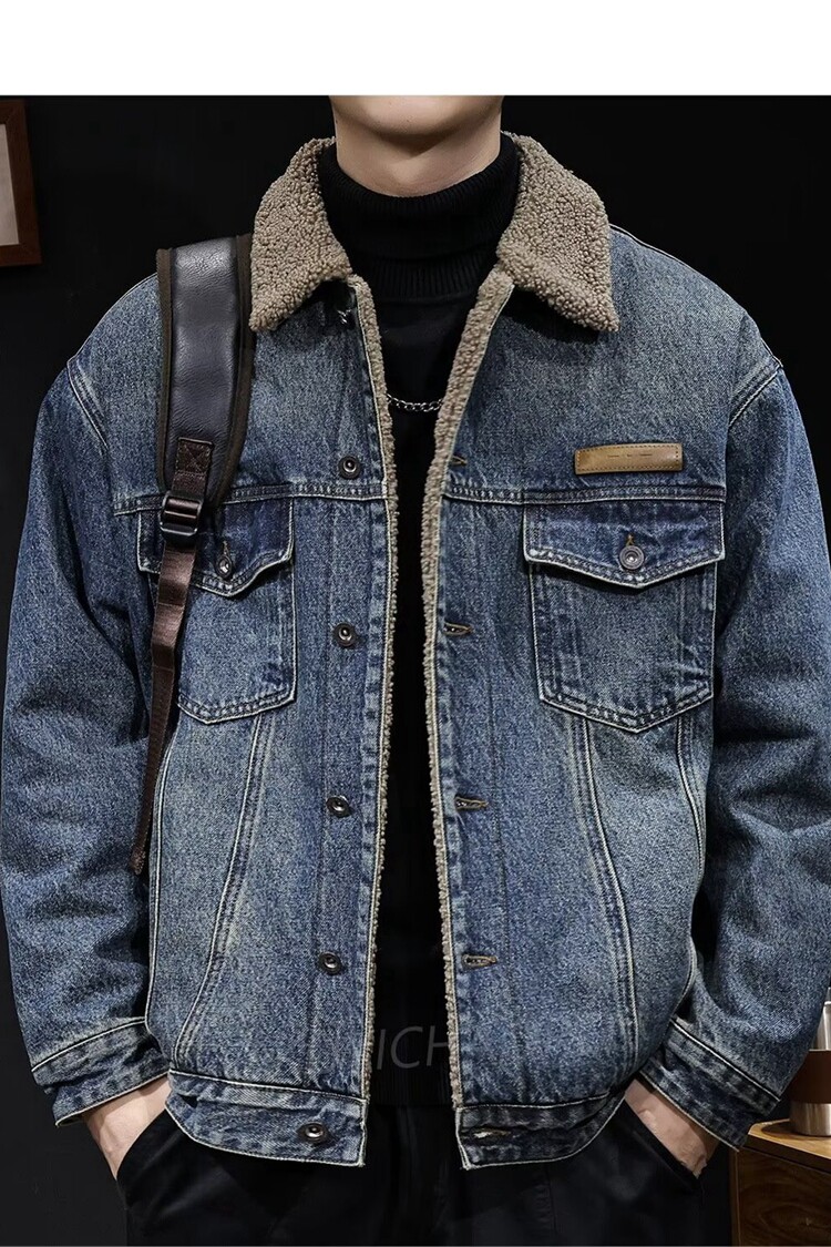 冬季翻领仿羊羔绒棉衣外套男2025新款加厚保暖工装牛仔夹克棉服潮,男装夹克,星座218-8