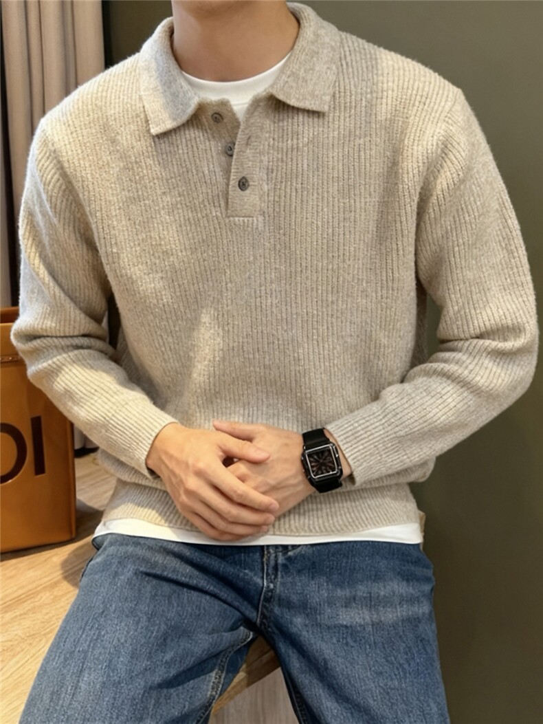 AI生图不涉侵权翻领毛衣针织POLO衫浅杏色5081/P88,男装针织衫/毛衣,电商A242