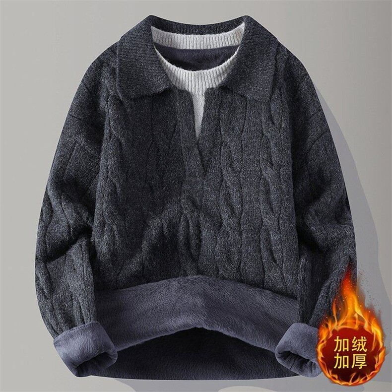 250912JR-P73假两件翻领毛衣秋冬新款加绒加厚保暖情侣针织衫,男装针织衫/毛衣,电商D310B