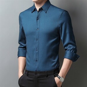 2023秋季新款长袖竹纤维男士衬衫中年衬衣服中老年人宽松休闲寸衫图片