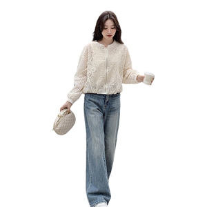 现货米杏色超好看时尚防晒蕾丝女2025早春新款韩版小个子别致上衣图片
