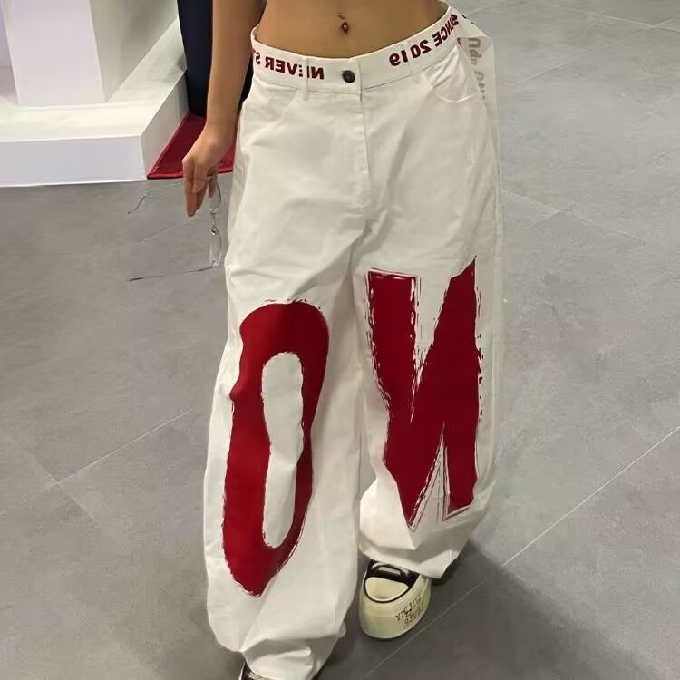 水洗做旧字母印花阔腿弯刀牛仔裤男女宽松美式设计垂感松弛感裤子,男装牛仔裤,四季星座505