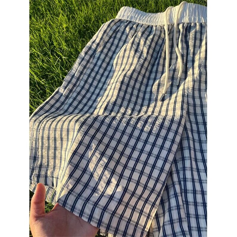黑白泡泡纱格子短裤男夏季薄款拼接设计感直筒裤子休闲阔腿五分裤,男装牛仔裤,星座218-1（原230）