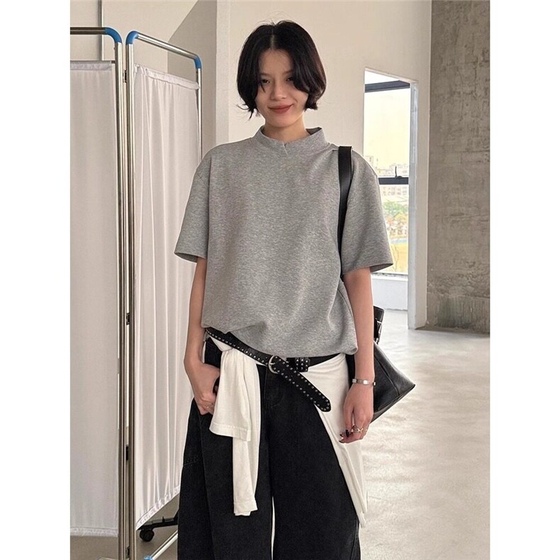 灰色半高领正肩短袖t恤男女夏季新款设计感百搭上衣潮LTX122-p35,男装T恤,星座1008