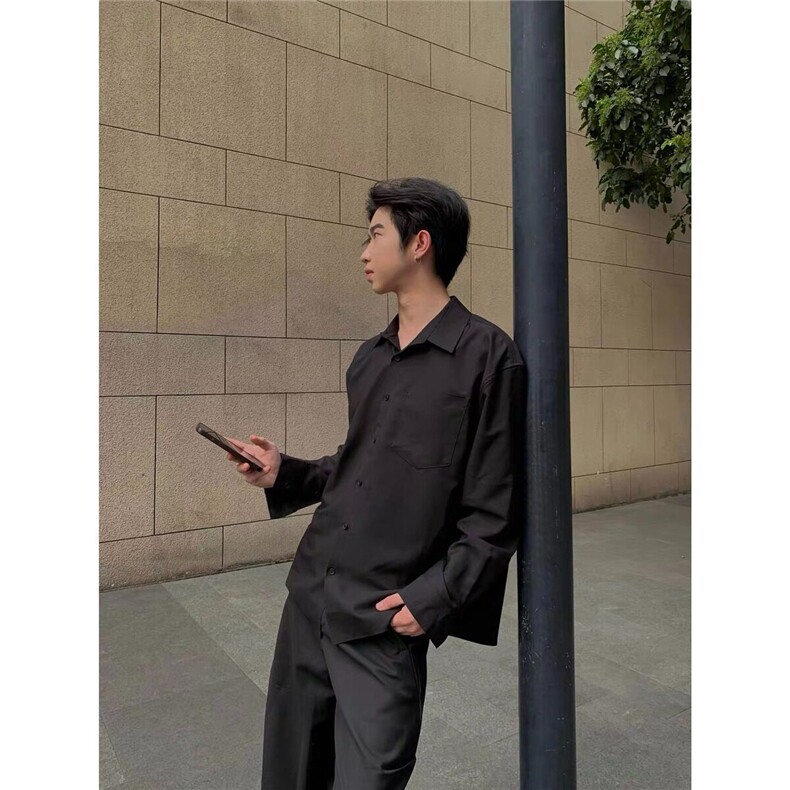 港风衬衫男黑色痞帅春夏季潮流长袖宽松休闲高级垂感免烫衬衣外套,男装衬衫,星座218-1（原230）