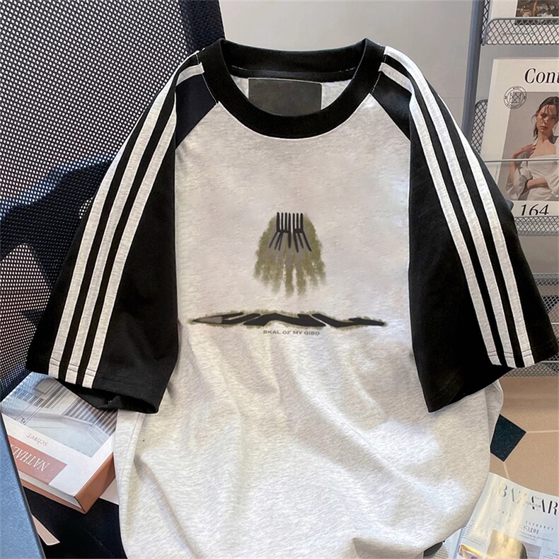 夏季美式高街重磅纯棉三条杠织带插肩撞色男女短袖T恤CZ118-特P25,男装T恤,电商A486