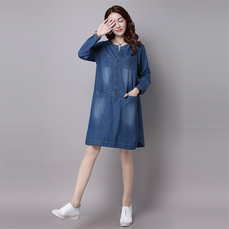 长袖2021新款中长款纽扣排扣宽松腰圆领连衣裙纯色，女装连衣裙，独衣靓